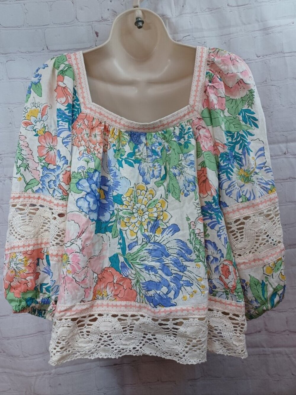 Christian Siriano Multicolor Garden Floral Lace-Trim Peasant Blouse L - Picture 4 of 6